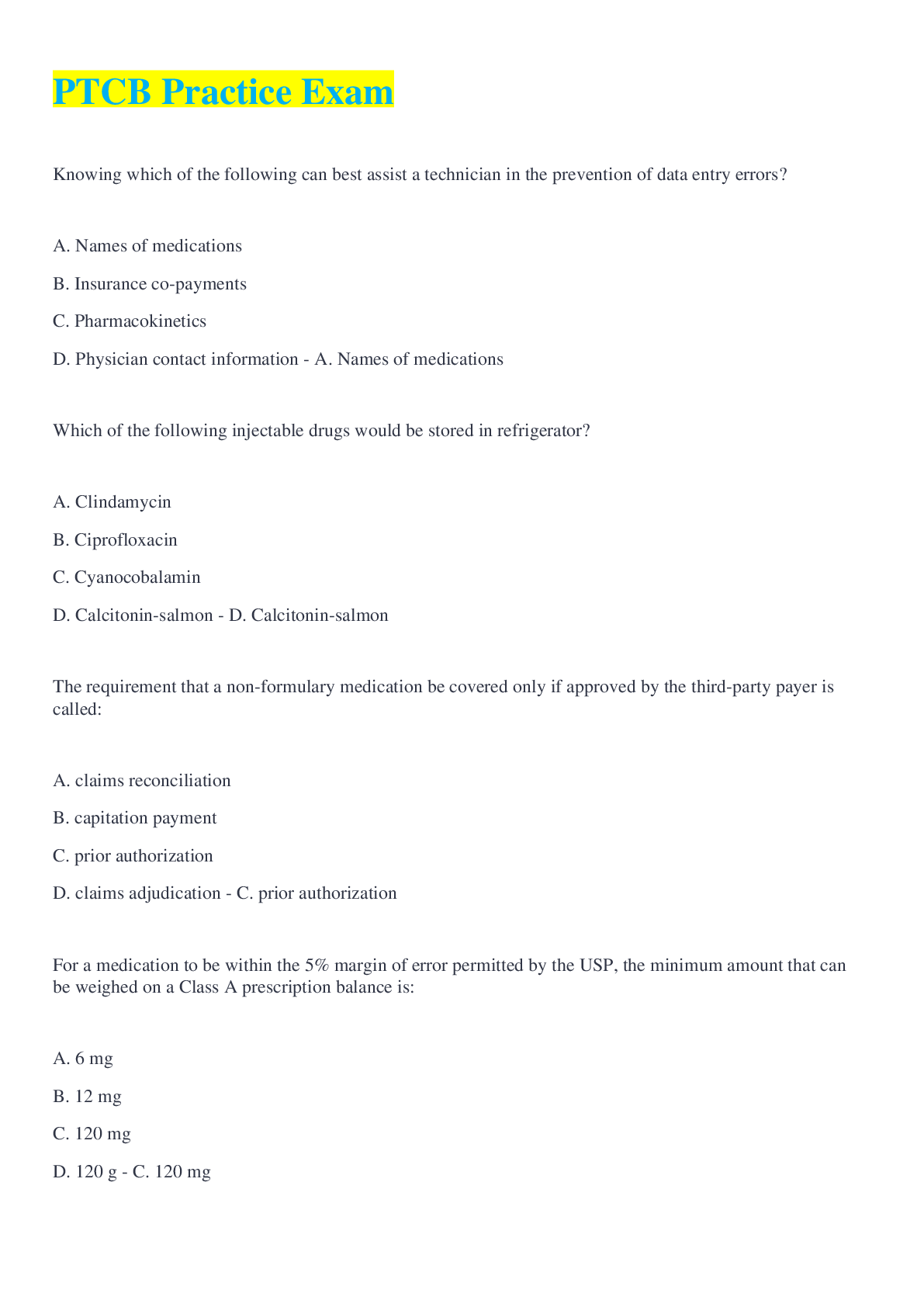 Preview image for PTCB Practice Exam Questions And Answers Latest Update 2022 With Complete Solution.Download